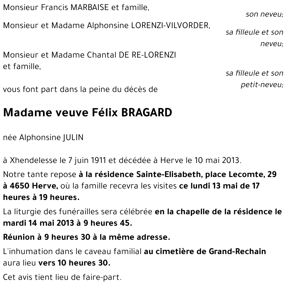 veuve Félix BRAGARD