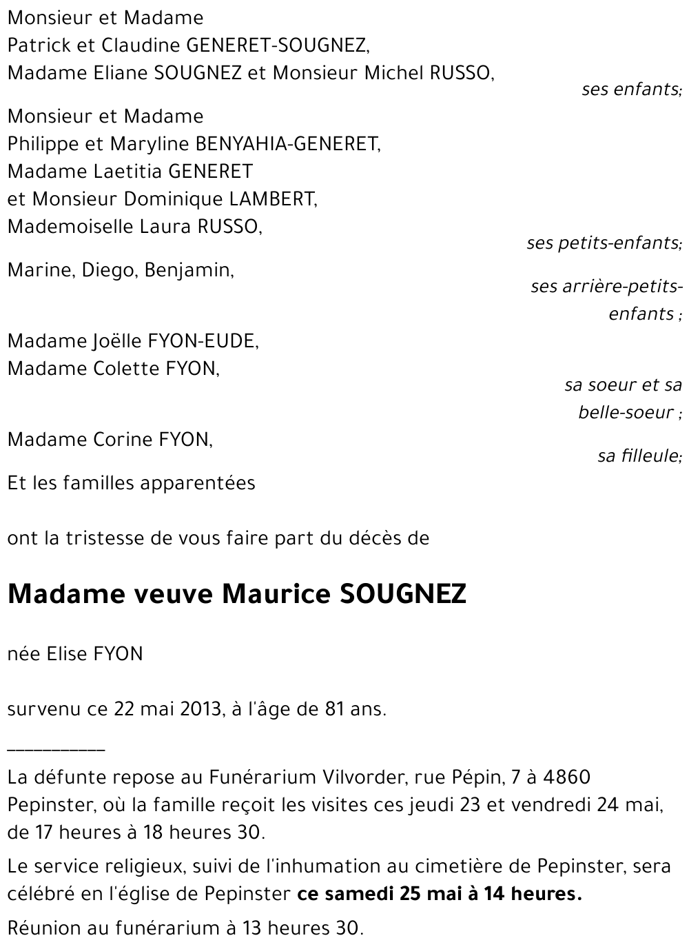 veuve Maurice SOUGNEZ