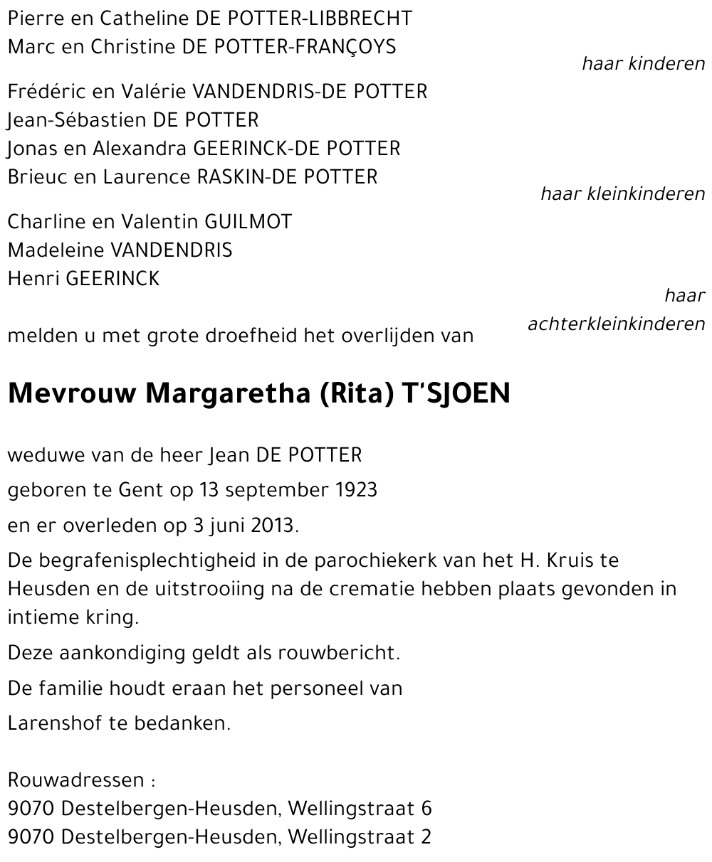 Margaretha (Rita) T'SJOEN