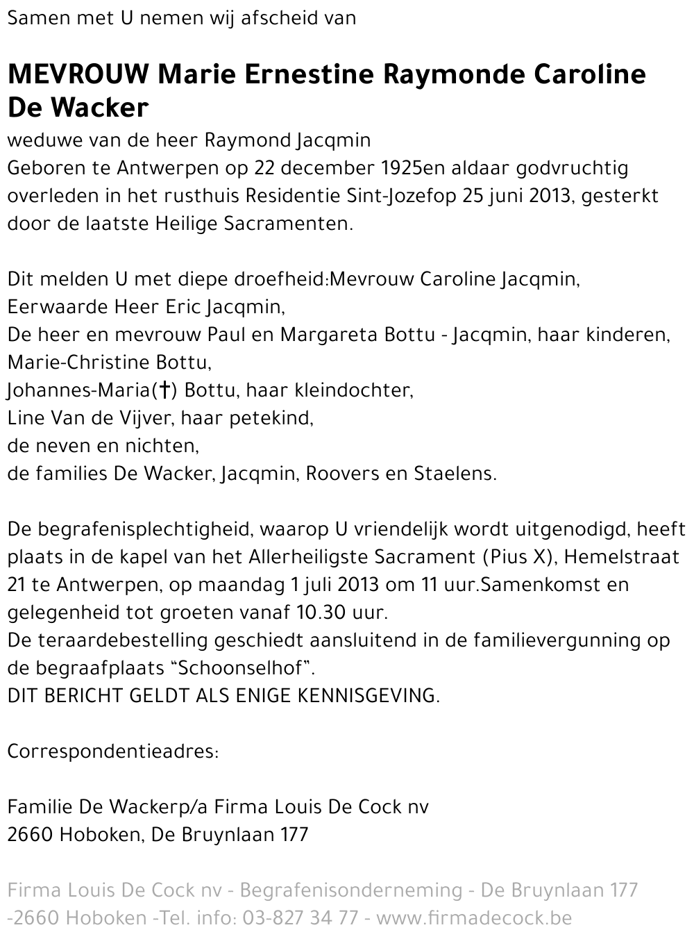 Marie Ernestine Raymonde Caroline De Wacker