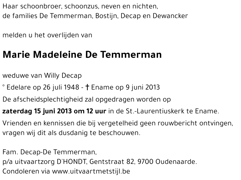 Marie Madeleine De Temmerman