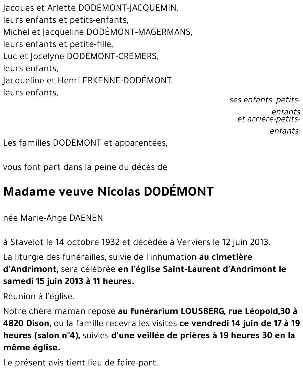 veuve Nicolas DODéMONT