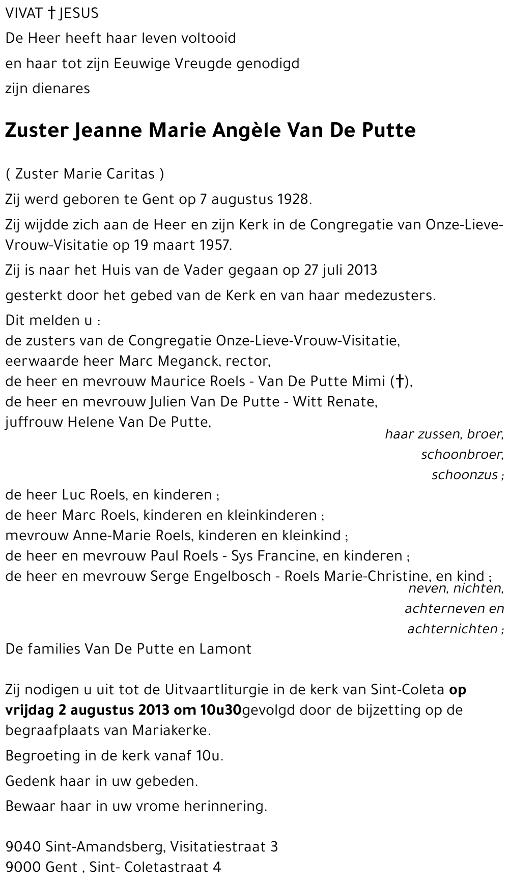 Jeanne Marie Angèle VAN DE PUTTE