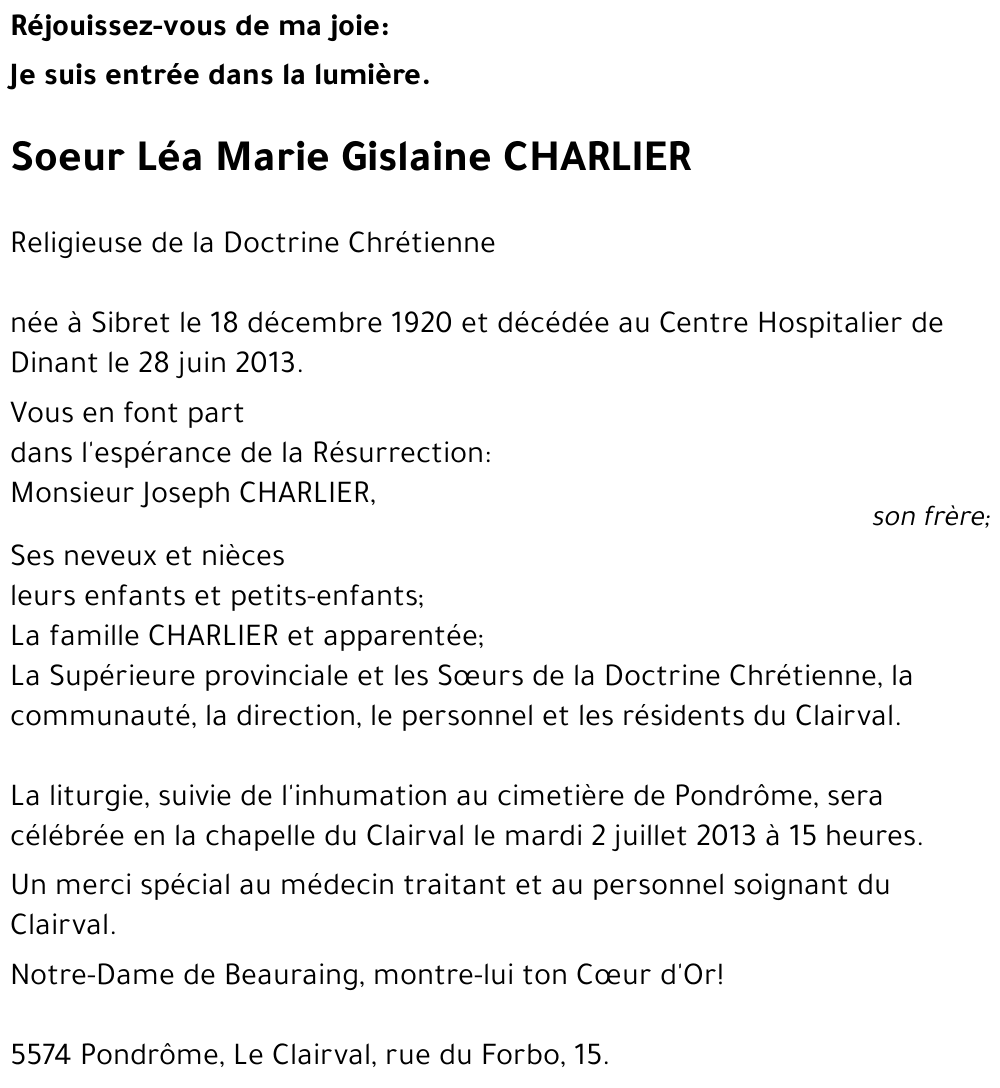 Léa Marie Gislaine CHARLIER