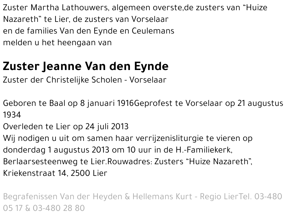 Zuster Jeanne Van den Eynde