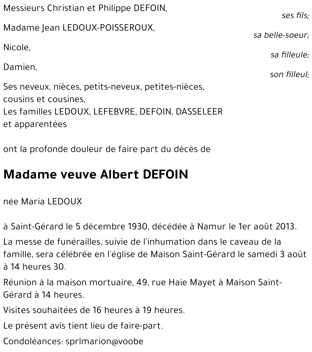 veuve Albert DEFOIN