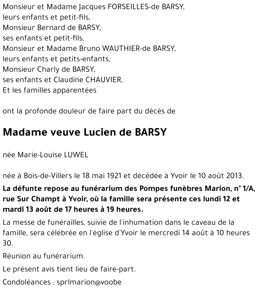veuve Lucien de BARSY