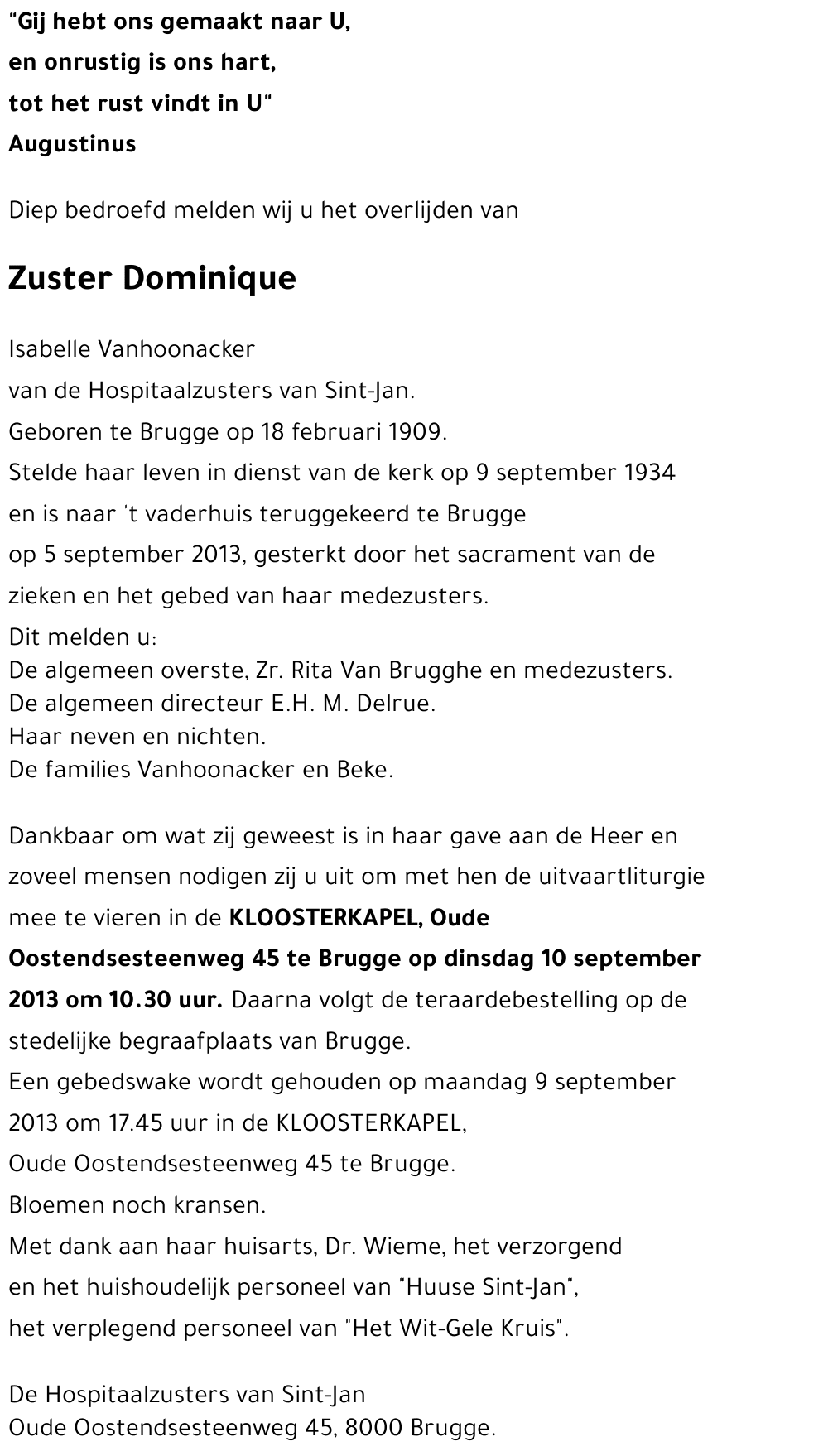 Zuster Dominique Isabelle Vanhoonacker