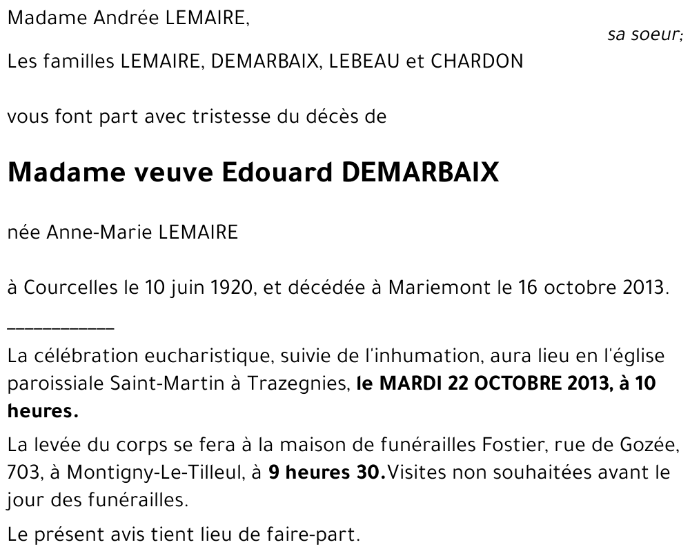 veuve Edouard DEMARBAIX