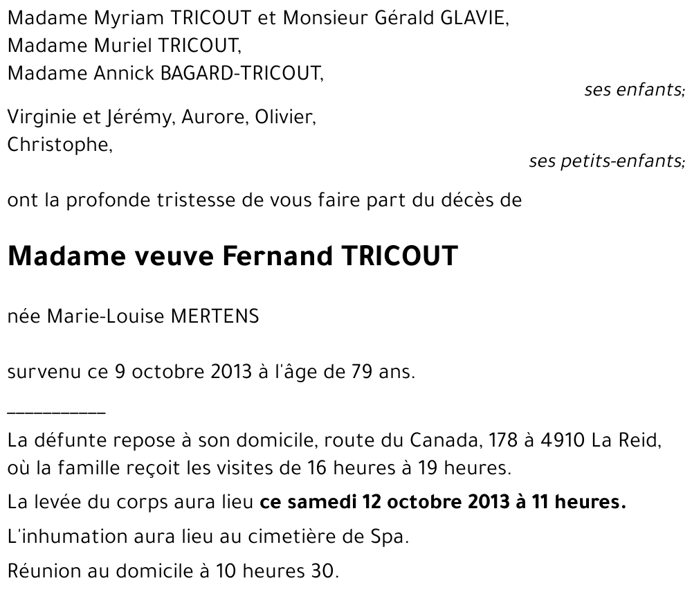 veuve Fernand TRICOUT