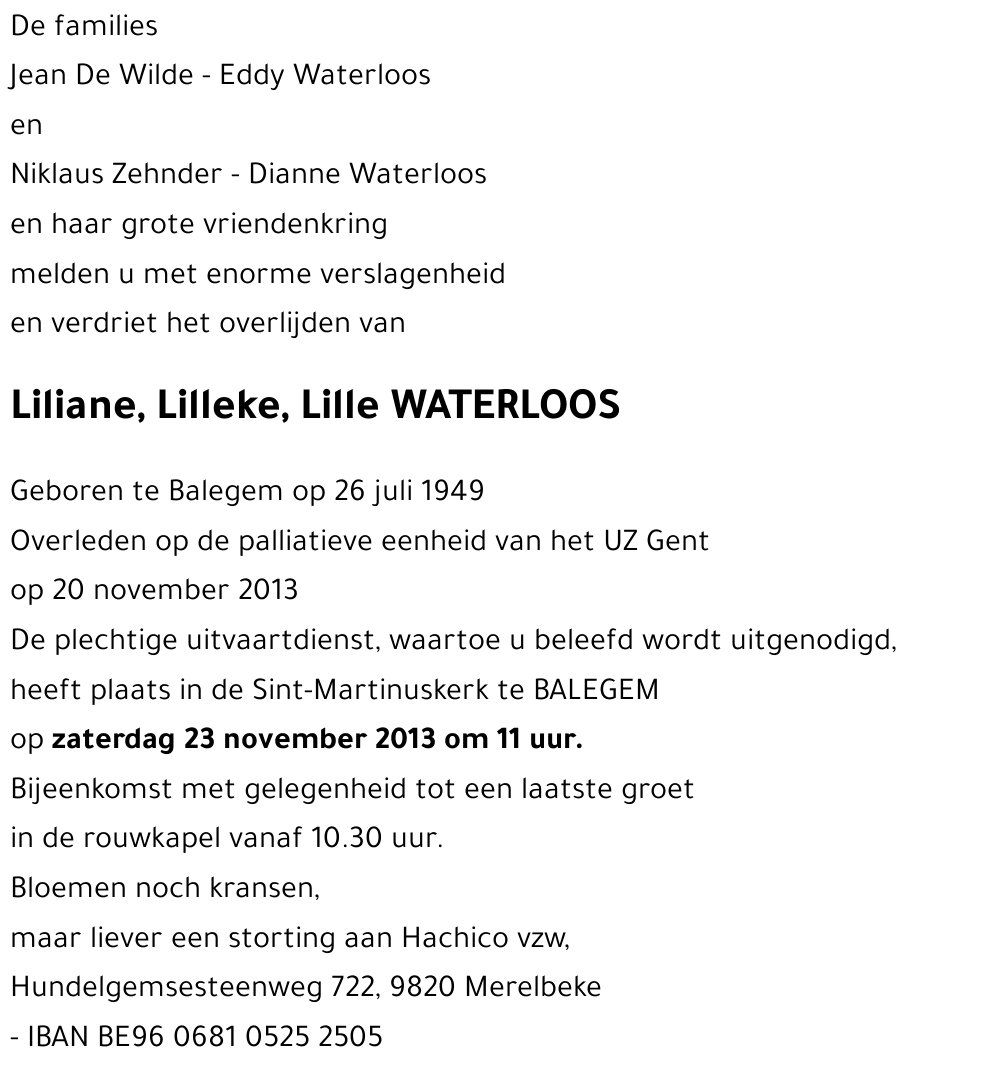 Liliane, Lilleke, Lille WATERLOOS