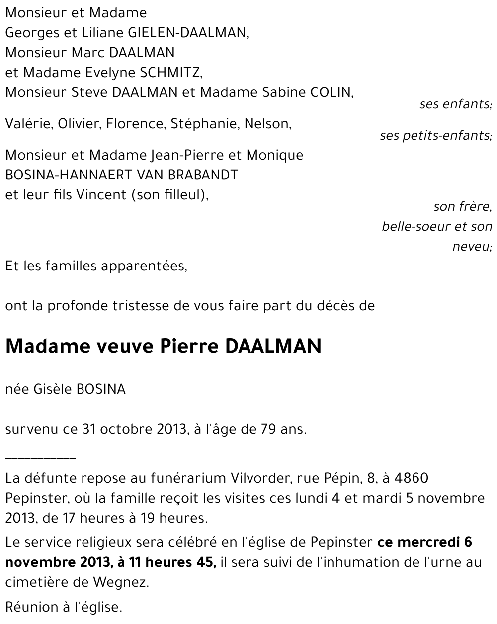 veuve Pierre DAALMAN