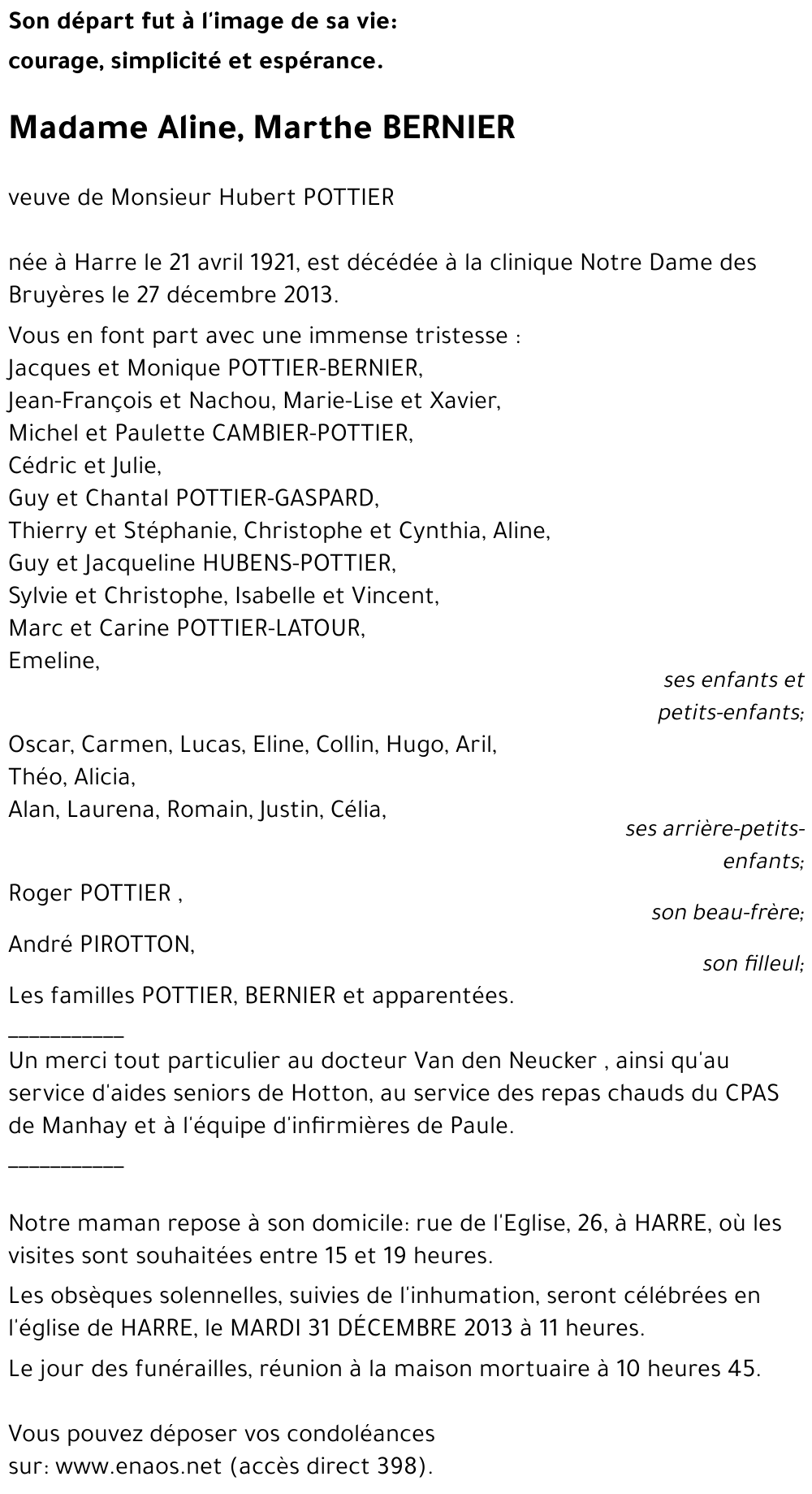 Aline, Marthe BERNIER