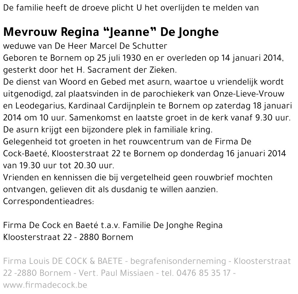 Regina “Jeanne” De Jonghe