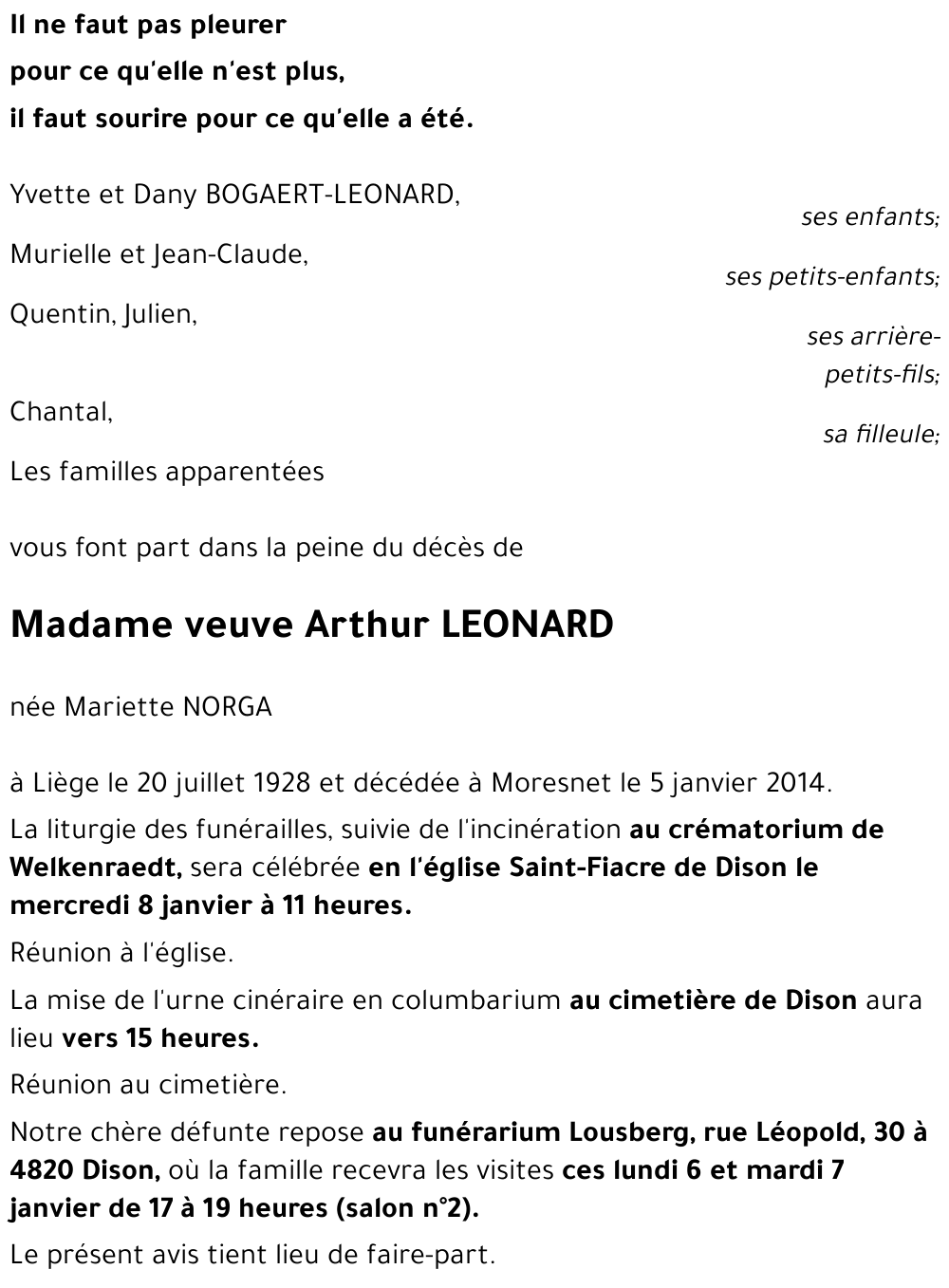 veuve Arthur LEONARD