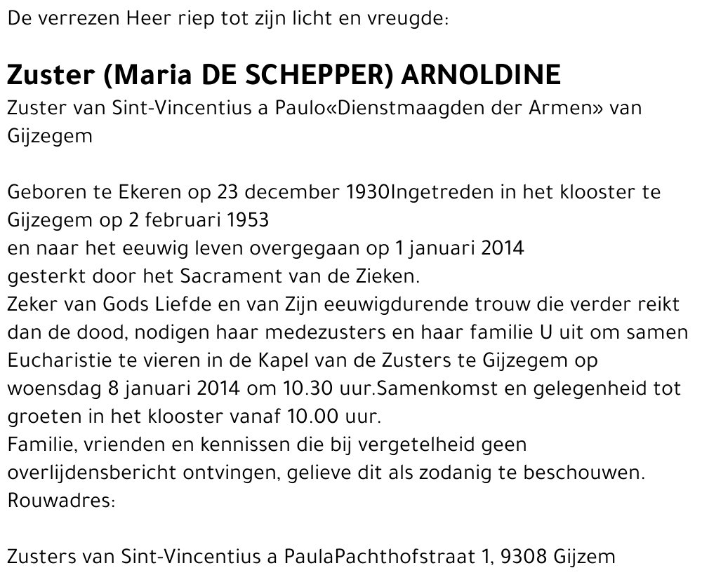 Zuster Arnoldine Maria DE SCHEPPER