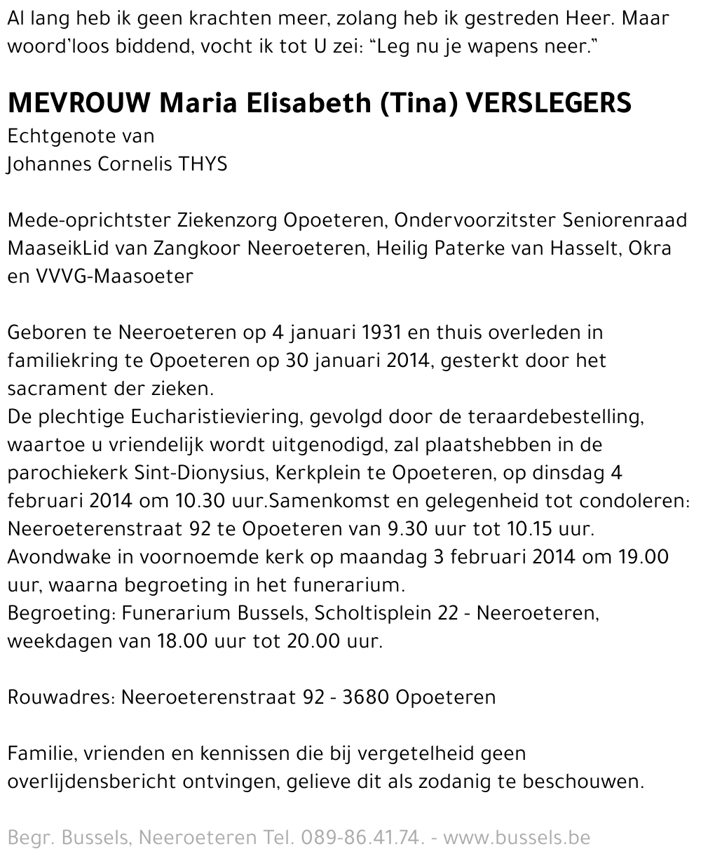 Maria Elisabeth (Tina) Verslegers
