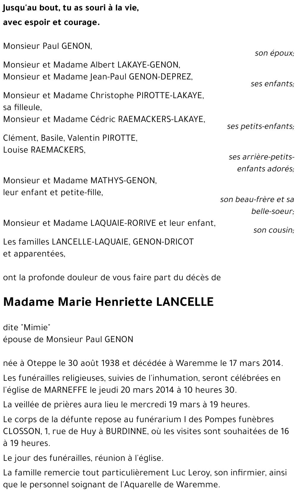 Marie Henriette LANCELLE