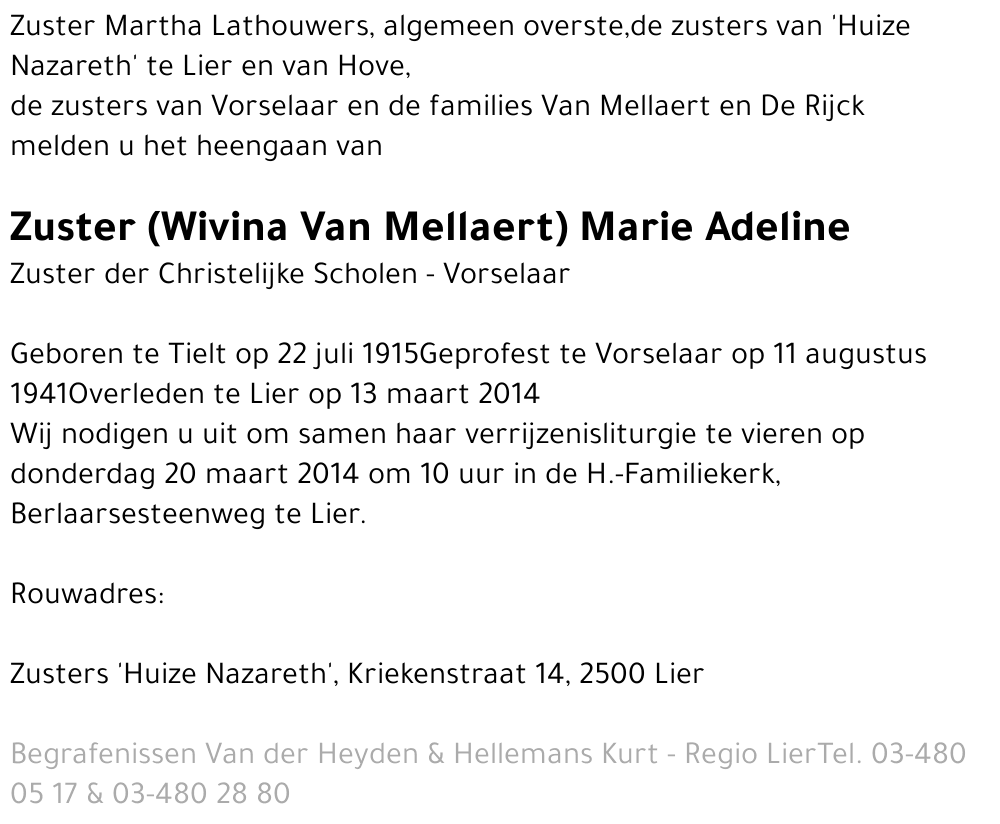 Zuster Marie Adeline Wivina Van Mellaert