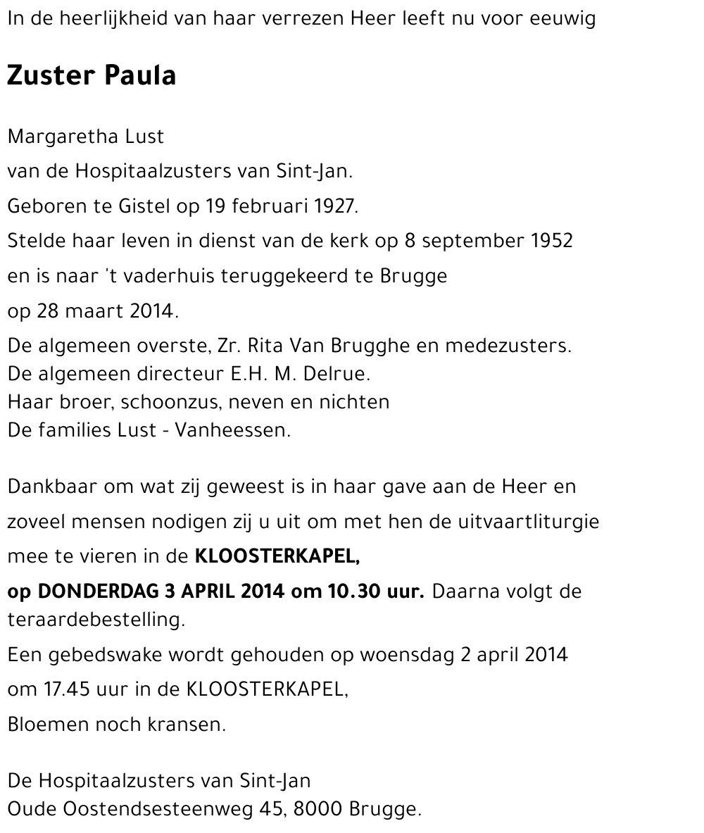 Zuster Paula Margaretha Lust