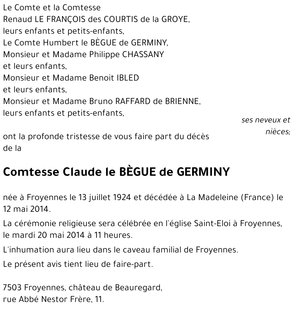 Claude le BÈGUE de GERMINY