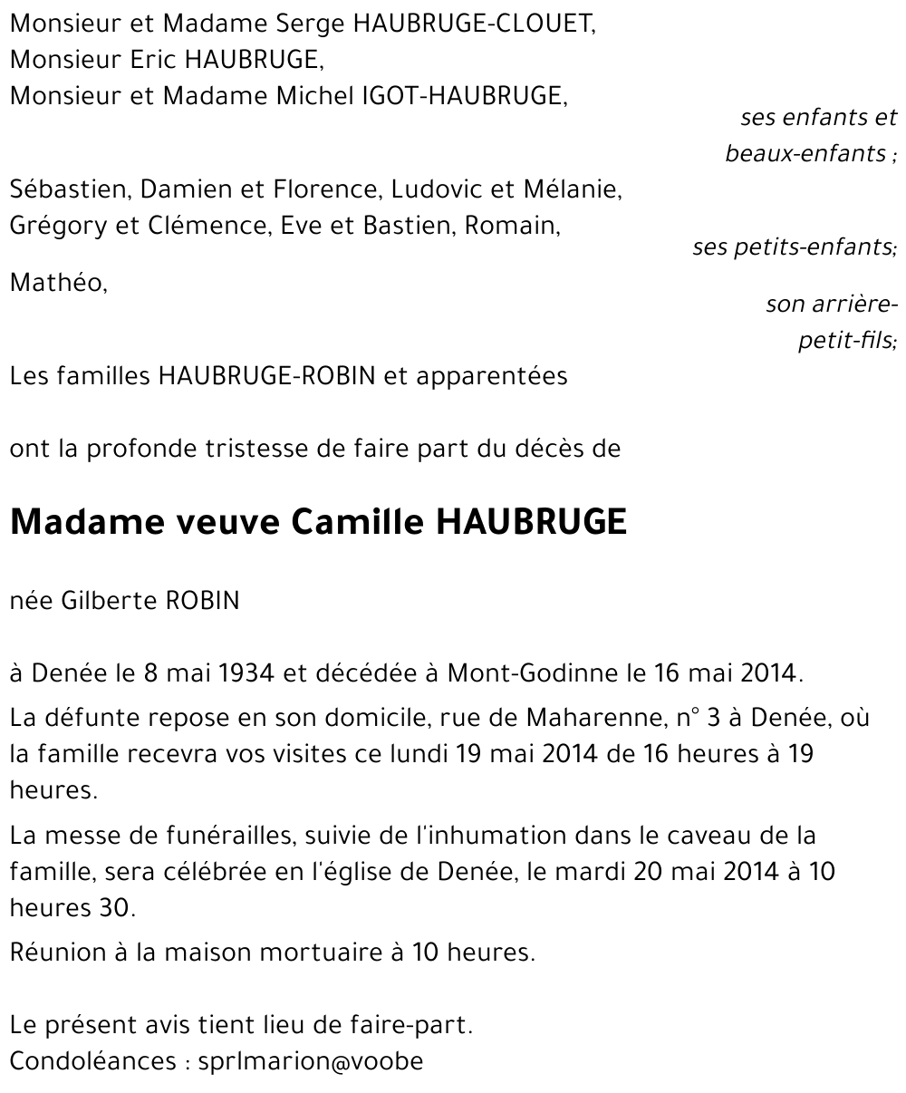 veuve Camille HAUBRUGE