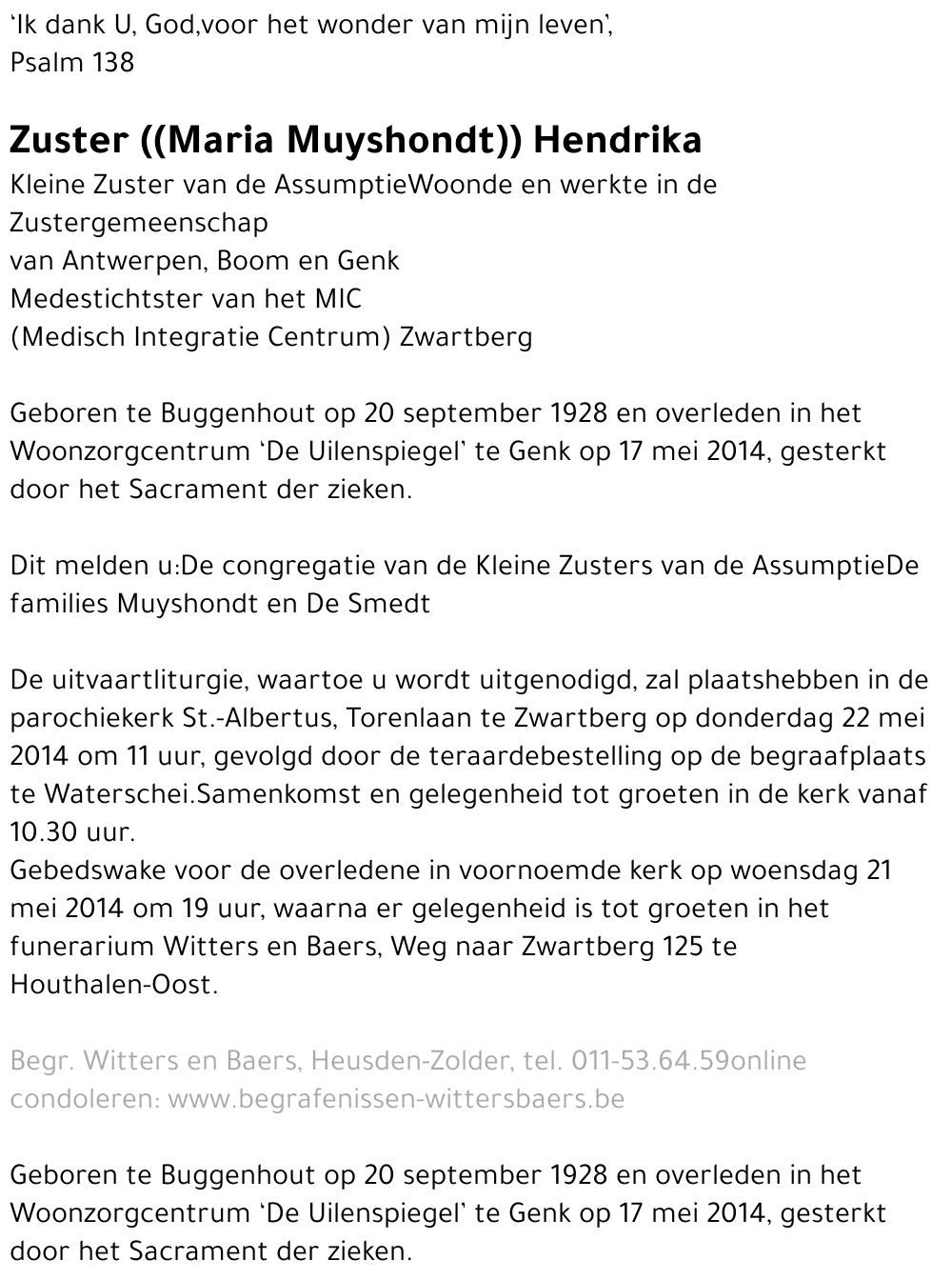 Zuster Hendrika (Maria Muyshondt)