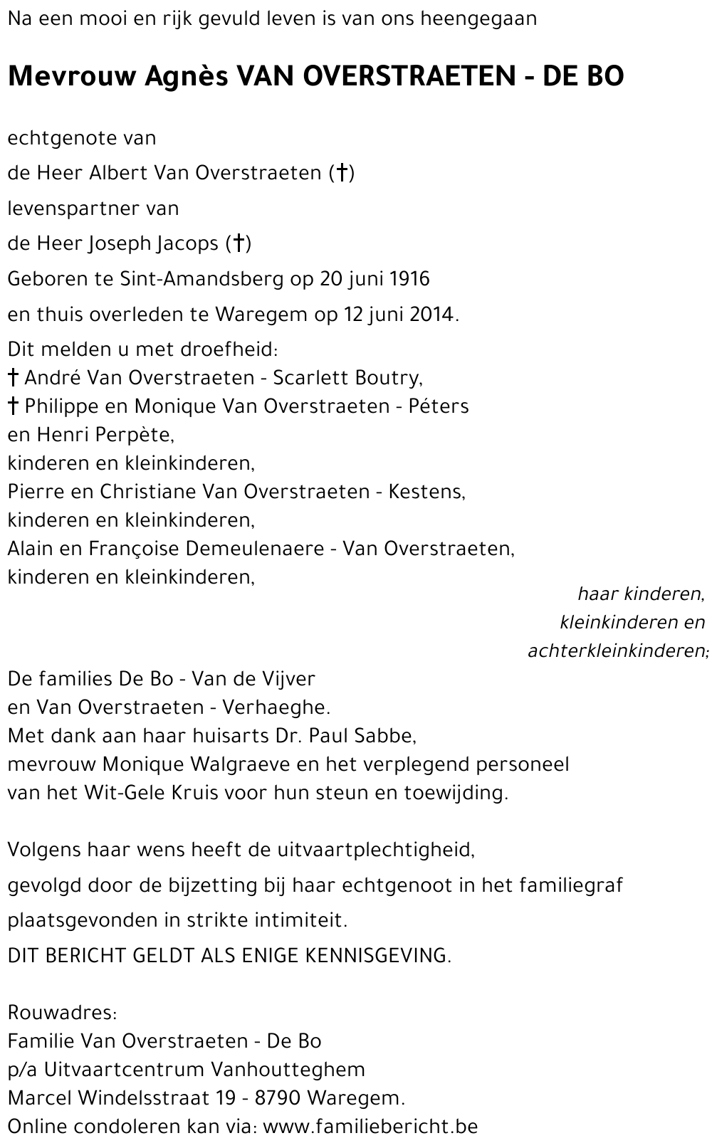 Agnès VAN OVERSTRAETEN - DE BO