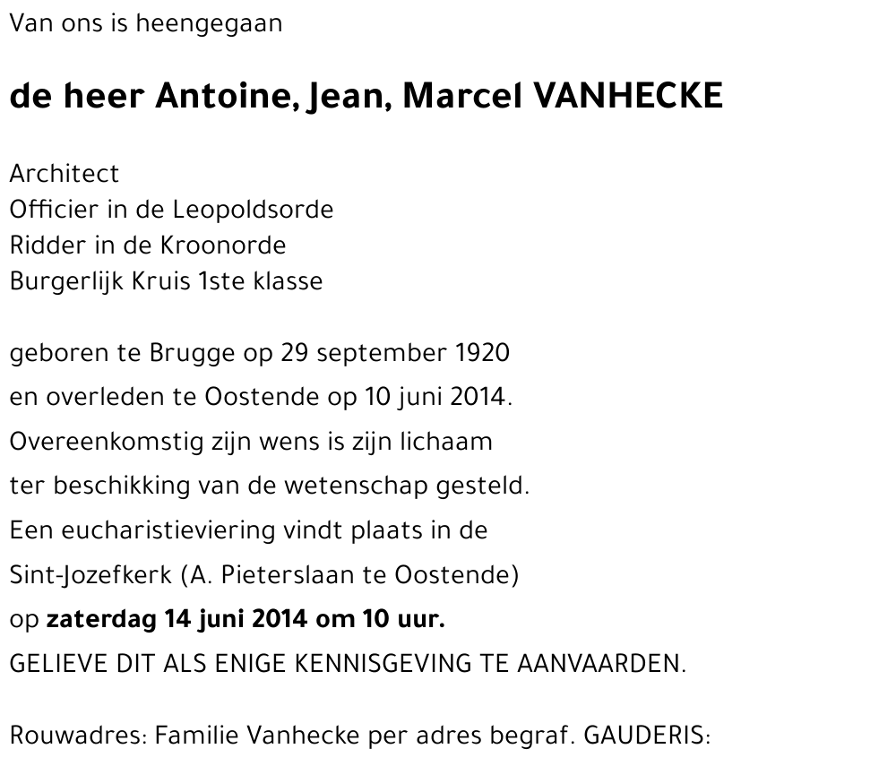 Antoine, Jean, Marcel VANHECKE