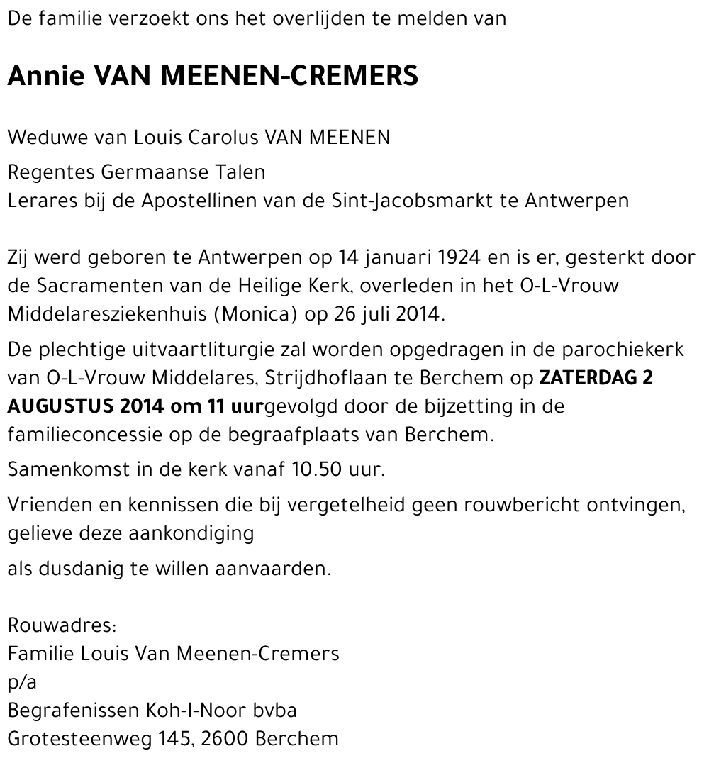 Annie VAN MEENEN-CREMERS