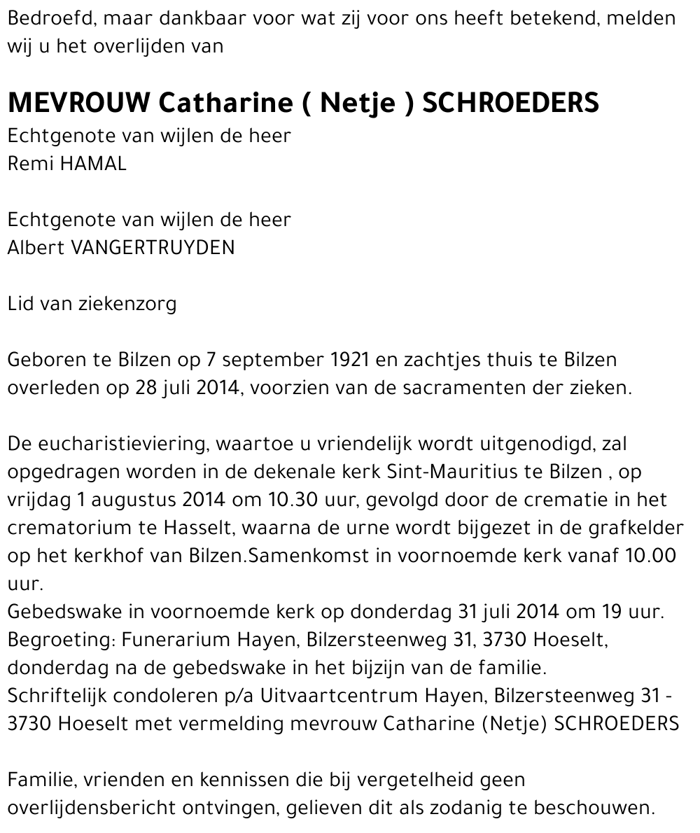 Catharine ( Netje ) SCHROEDERS