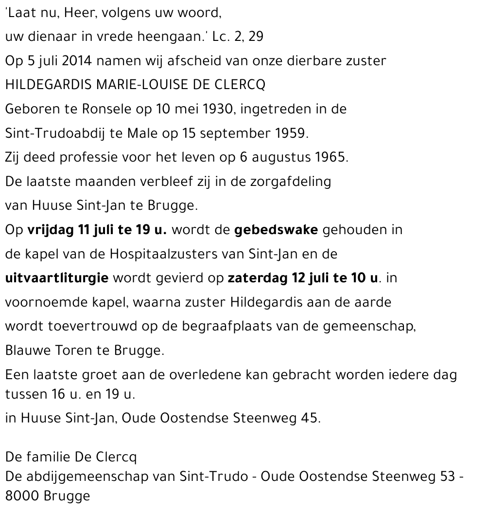 ZUSTER HILDEGARDIS MARIE-LOUISE DE CLERCQ