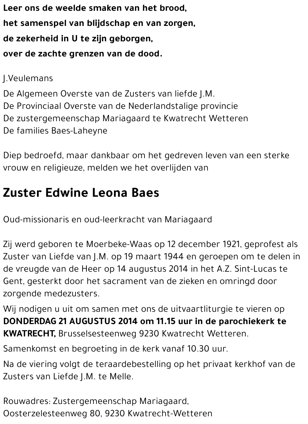 Zuster Edwine Leona Baes