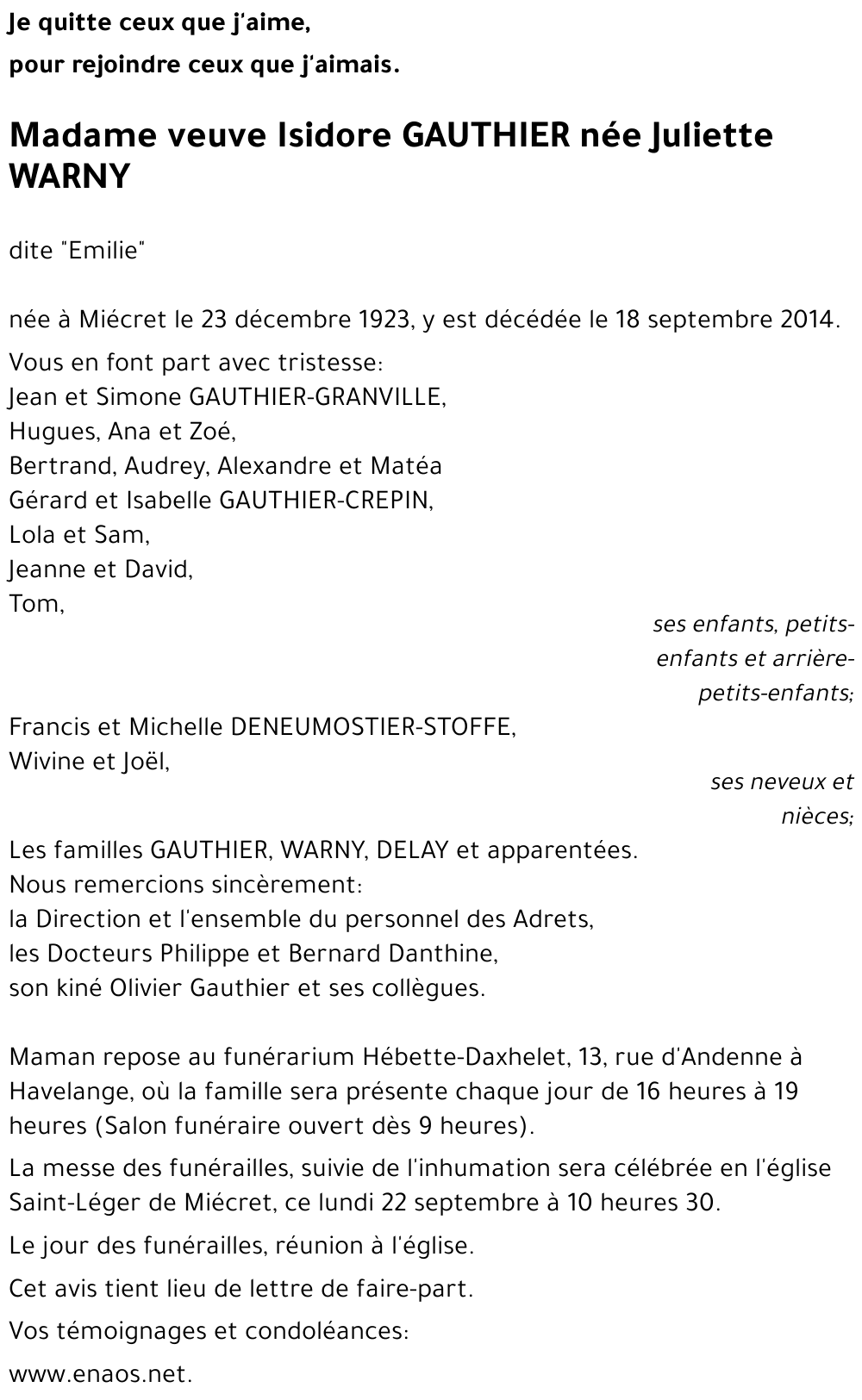 veuve Isidore GAUTHIER née Juliette WARNY dite Emilie