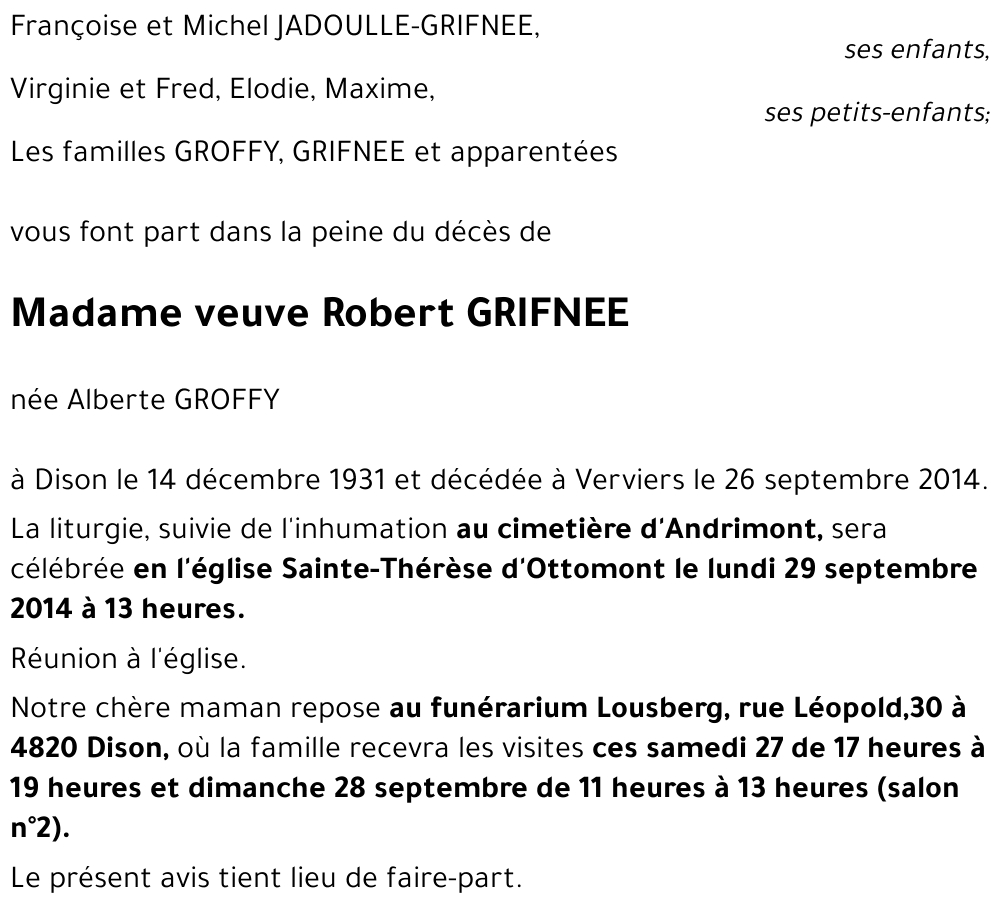 veuve Robert GRIFNEE
