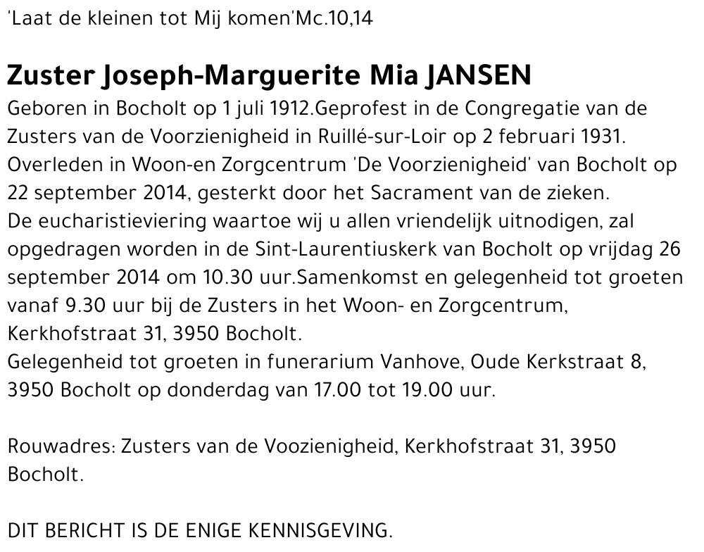 zuster Marguerite Maria Theresia Jansen