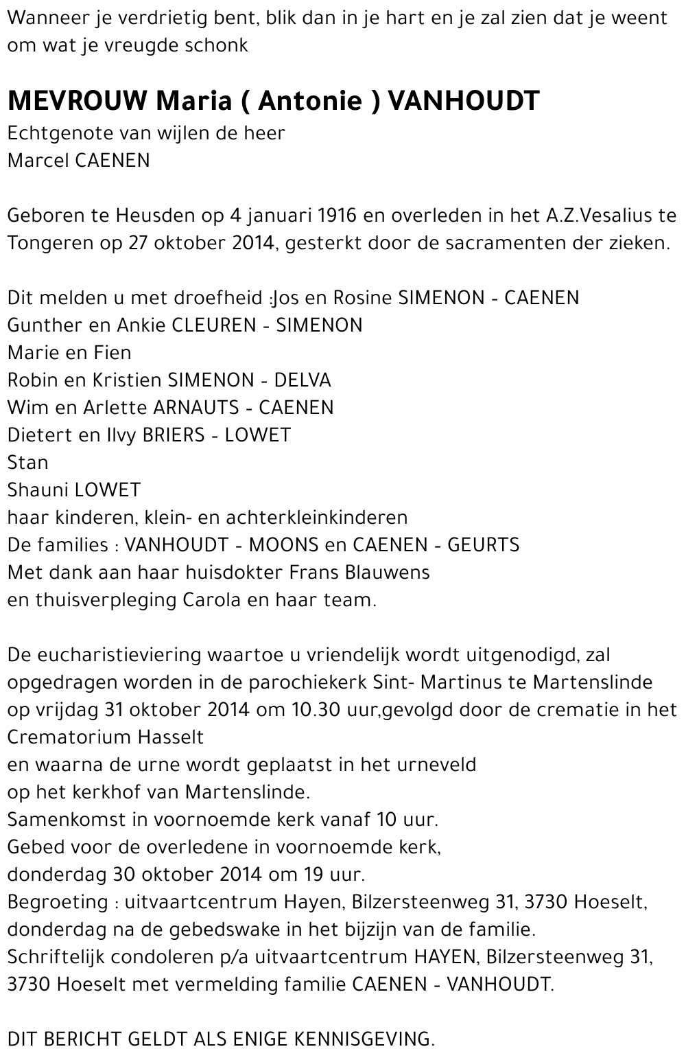 Maria ( Antonie ) VANHOUDT