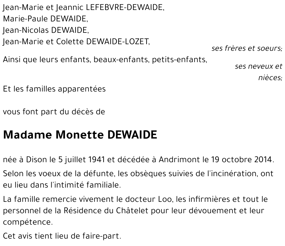 Monette DEWAIDE