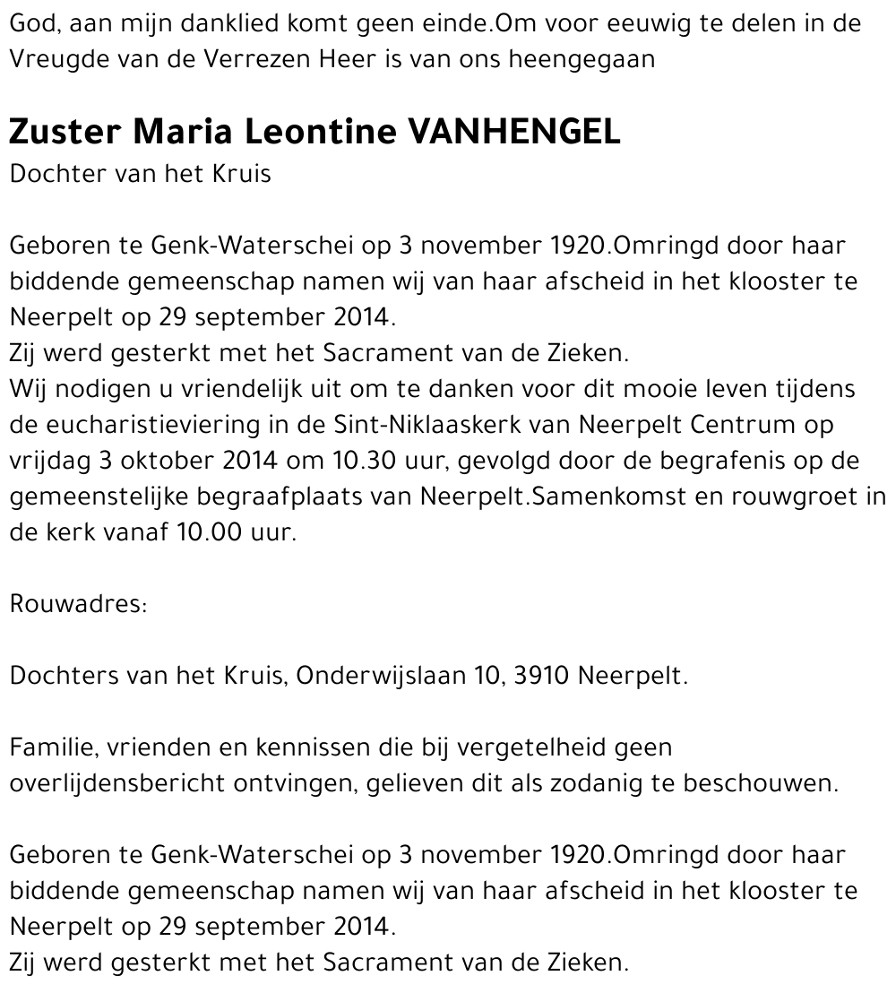 Zuster Maria Leontine Vanhengel