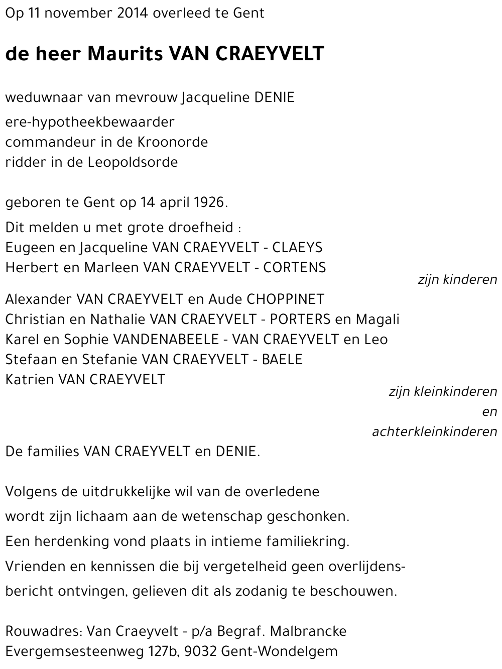 Maurits VAN CRAEYVELT
