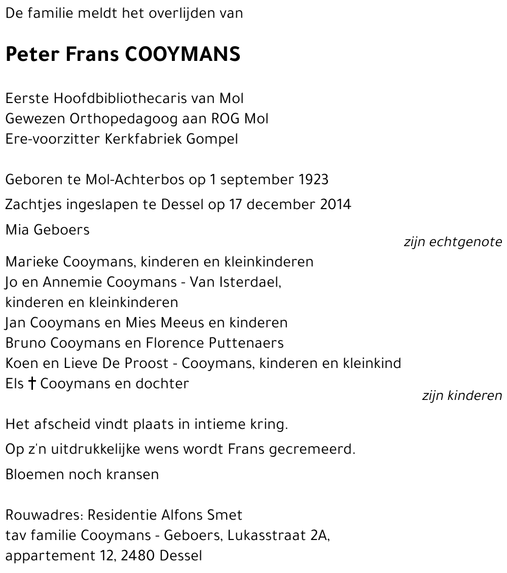Peter Frans COOYMANS