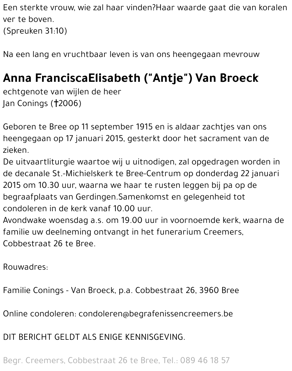 Anna Francisca Elisabeth Van Broeck
