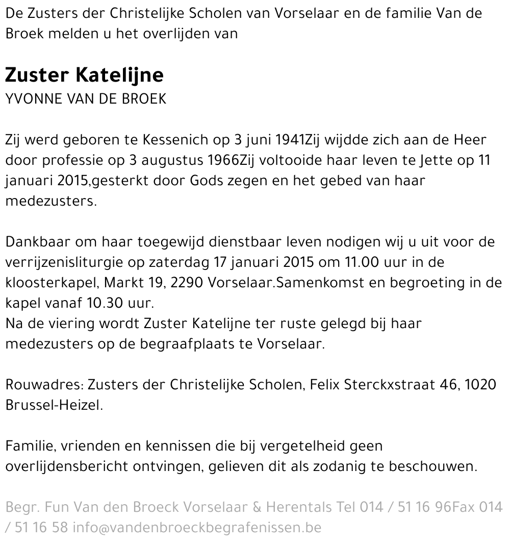 Zuster Katelijne Yvonne Van de Broek