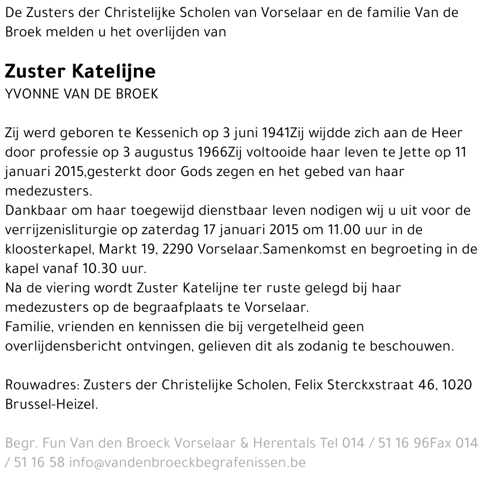 Zuster Katelijne Yvonne Van de Broek