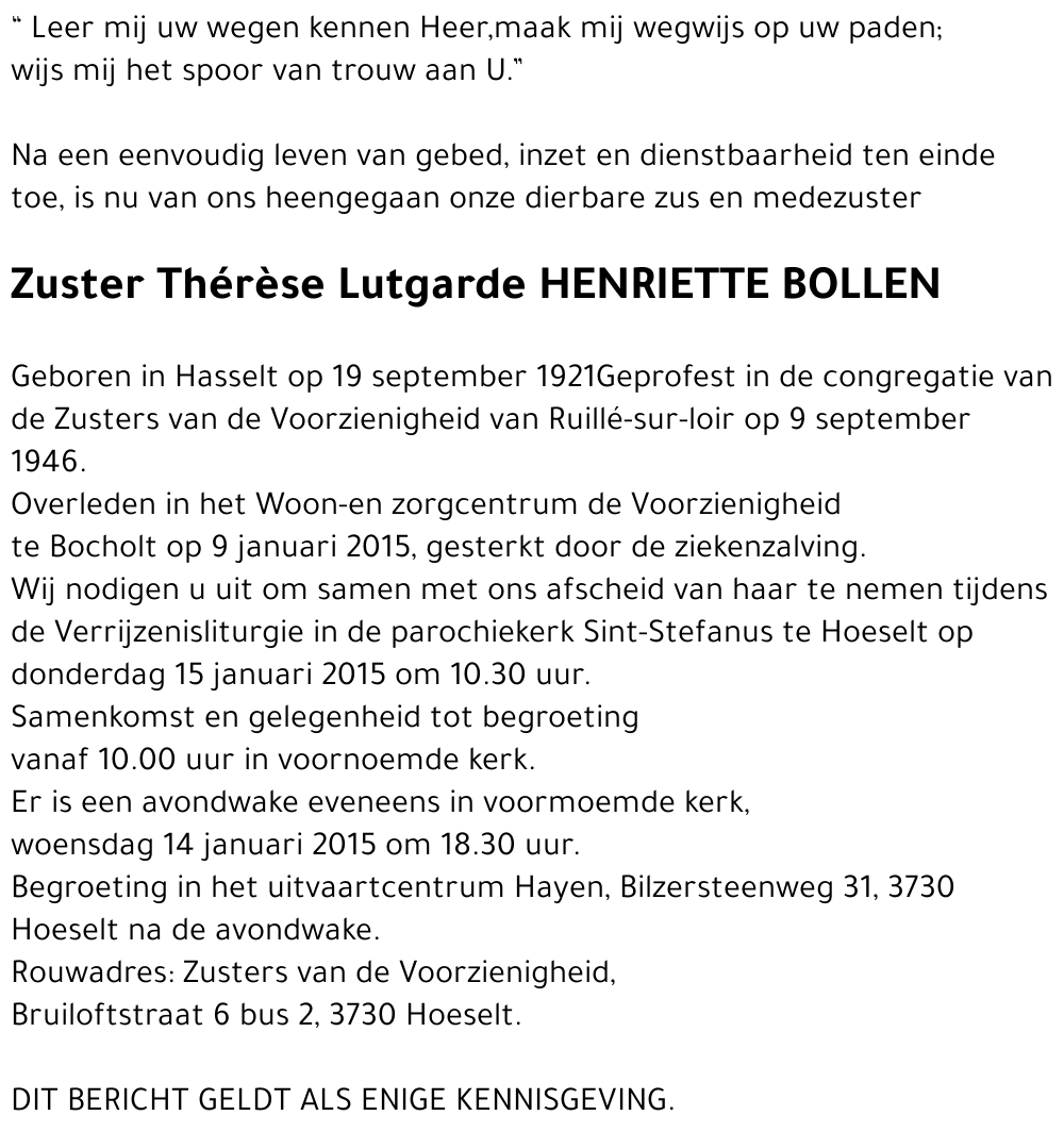 Zuster Thérèse Lutgarde Henriette BOLLEN