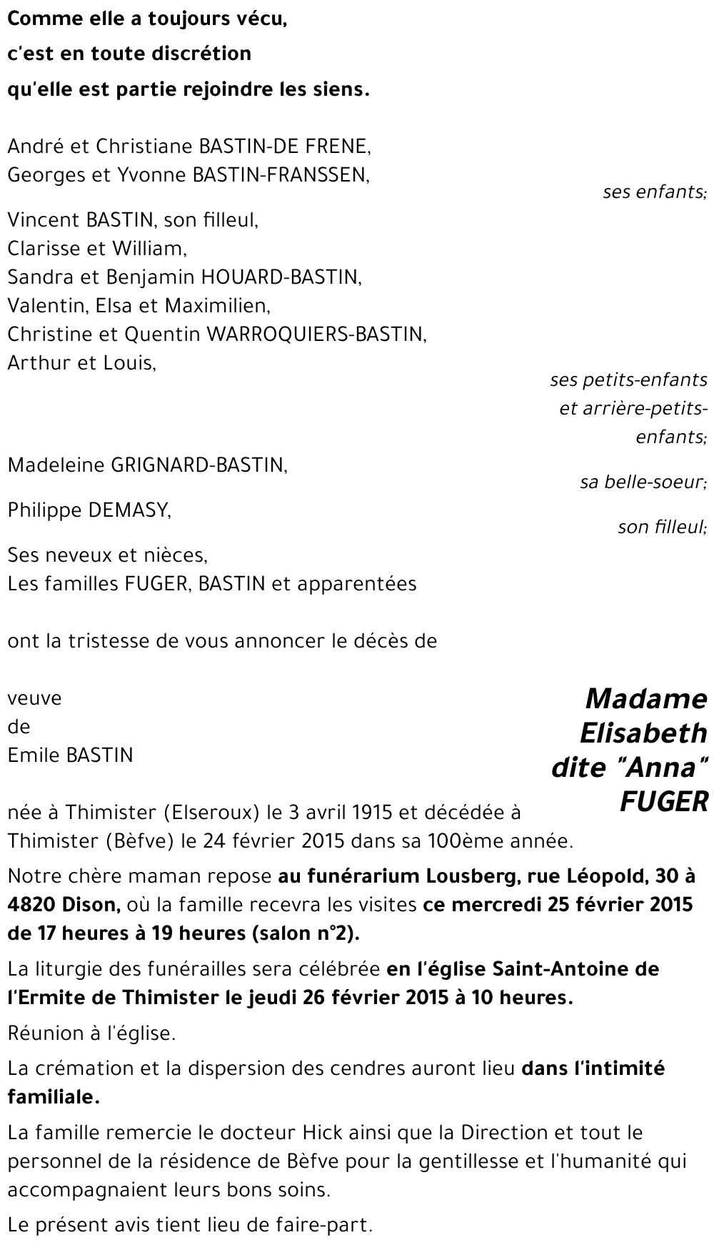 Elisabeth dite Anna FUGER