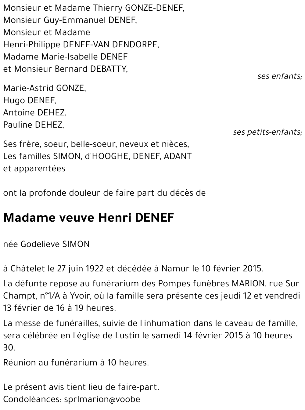 veuve Henri DENEF