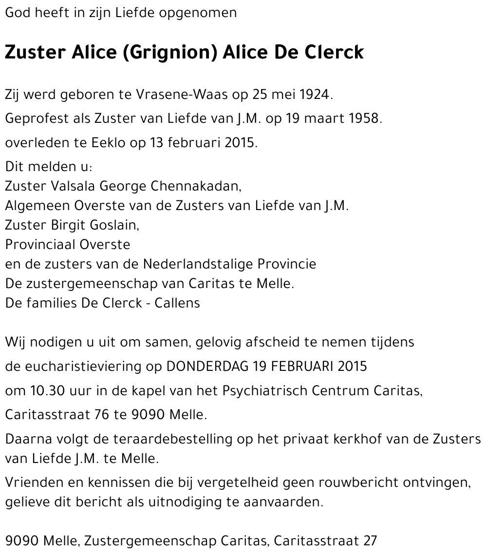 Zuster Alice (Grignion) Alice De Clerck