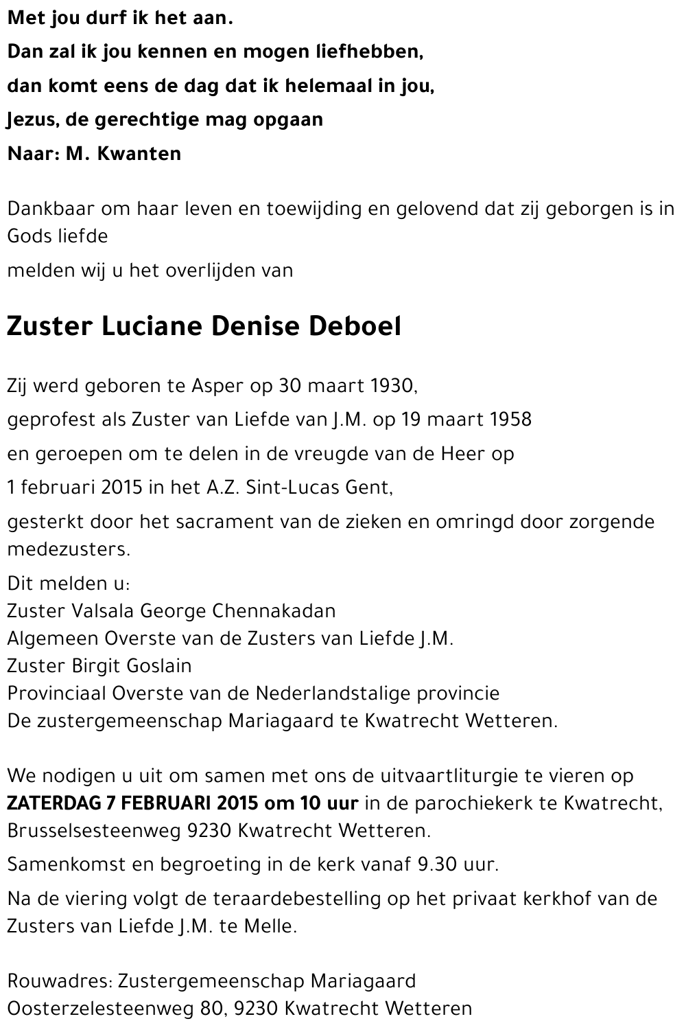 Zuster Luciane Denis Deboel