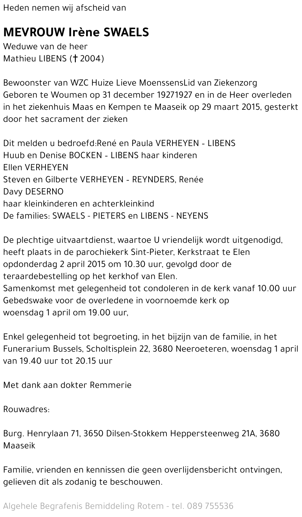 Irène madeleine SWAELS